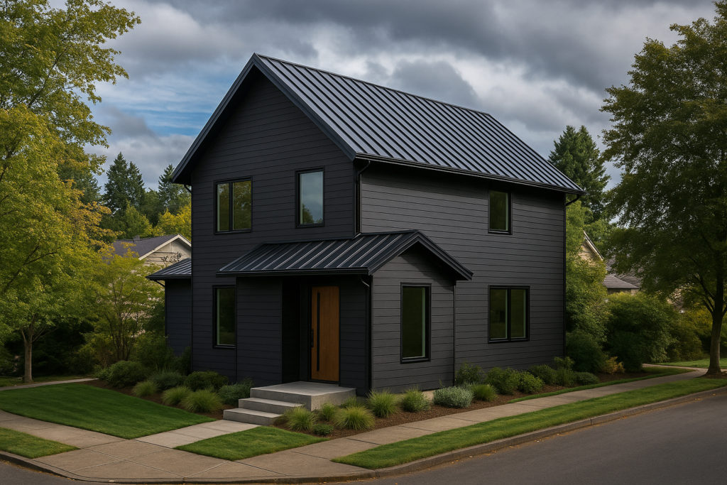 Portland home with dark fiber cement siding and a sleek metal roof in modern Northwest style