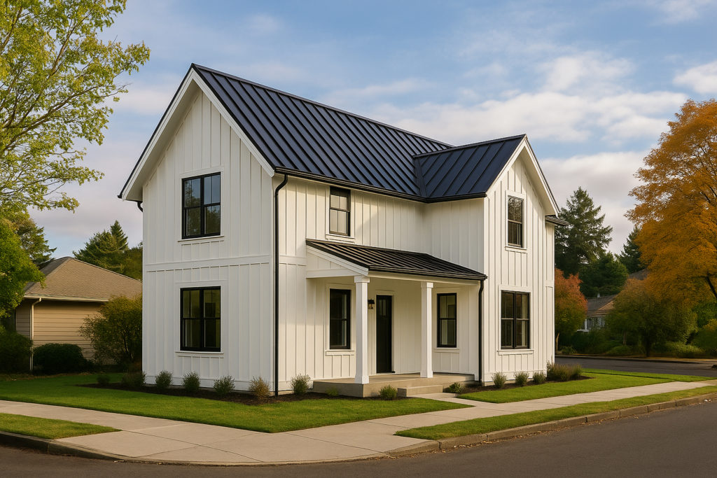 Portland farmhouse-style home with board-and-batten siding and a black metal roof