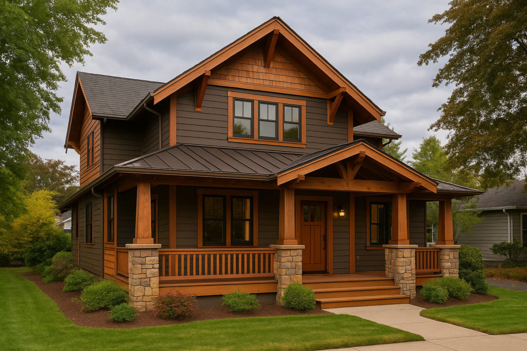 Lodge-style Oregon home with cedar siding, exposed beams, and a rustic exterior design