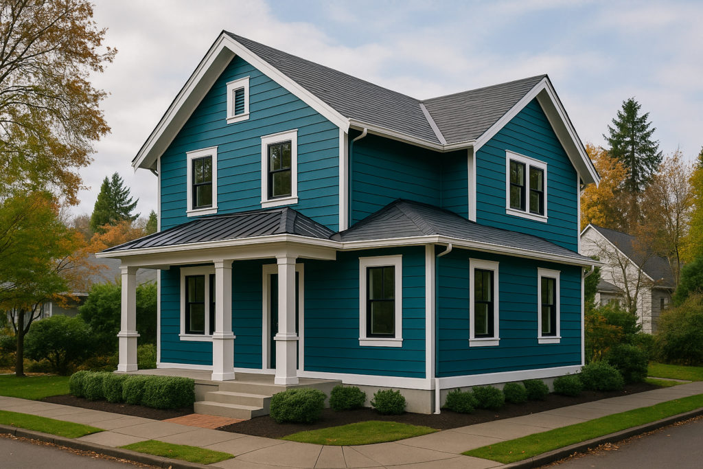 Portland home with bold teal siding, white trim, and a gray roof in modern Northwest style