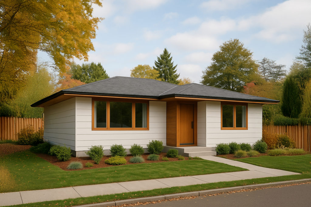 Mid-century modern Portland home with fiber cement siding and low-slope roof design