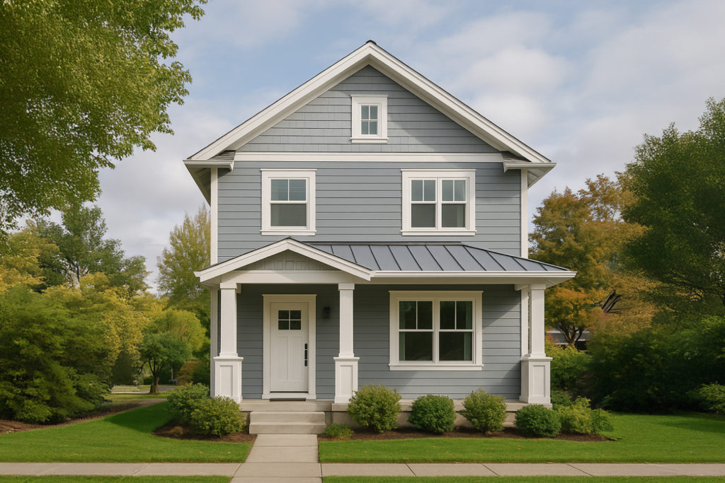 Portland home with gray siding, white trim, and light-colored roofing inspired by Oregon coastal style