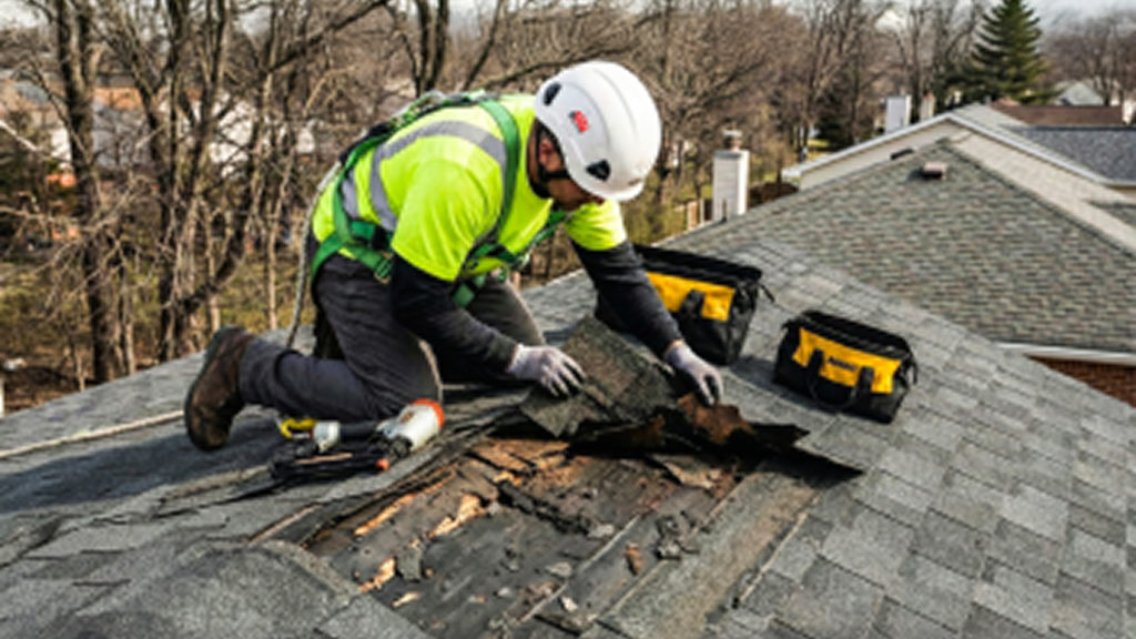 Roofing contractor inspecting roof for winter leaks in Portland, Oregon