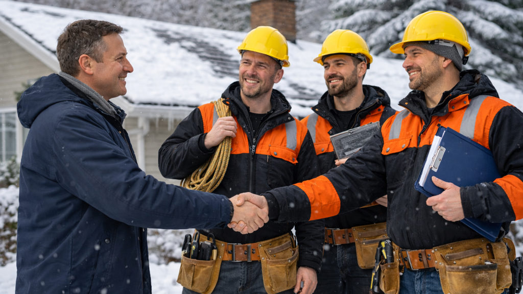 Professional roofing crew in safety gear reviewing winter roofing work at a Portland home