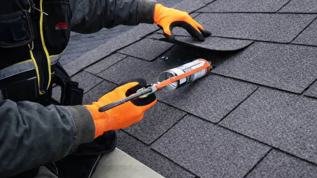 Roofer inspecting asphalt shingles after February windstorm damage in Portland