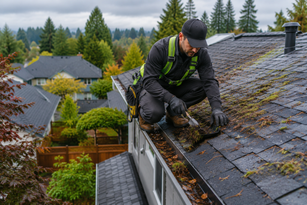 Professional roof maintenance company in Portland OR inspecting and maintaining a residential roof